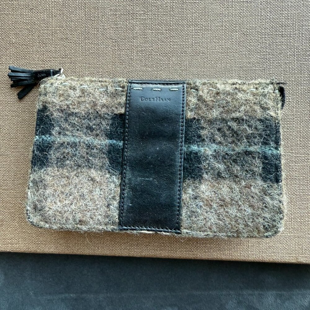 Vintage COLE HAAN Boiled Wool Plaid & Leather Bag with Tassel Detail